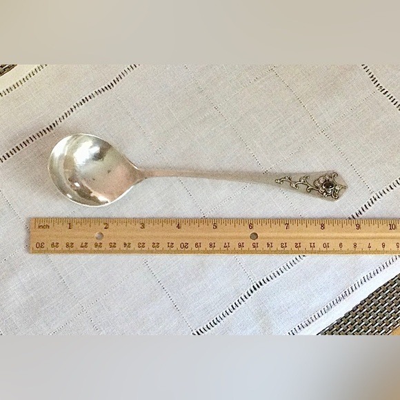 Hilde Vollers Floral Pattern w Bezel Set Garnet Silver Serving Spoon - Handmade - Picture 6 of 11